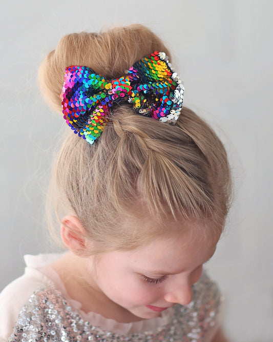 Rainbow Bow Clip-Sequin Bow Clip, Rainbow Flip Sequin bow, Rainbow Reversible Sequins, costume, birthday gift, party outfit, party hair bow