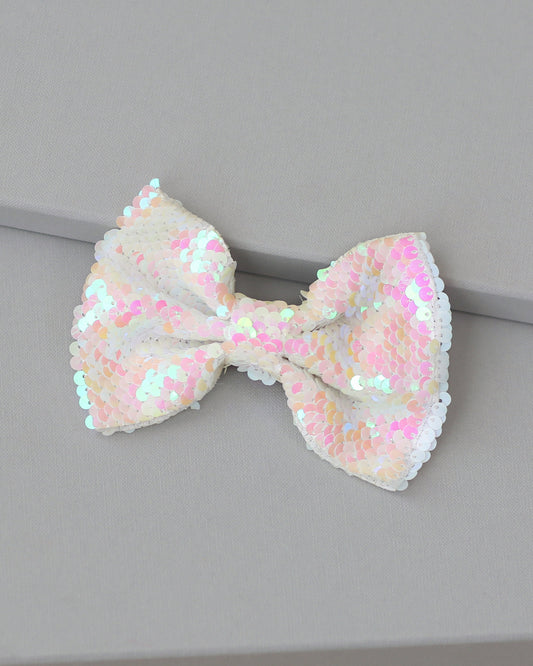White Rainbow Bow Clip - Sequin Bow Clip - White Flip Sequins - White Reversible Sequins