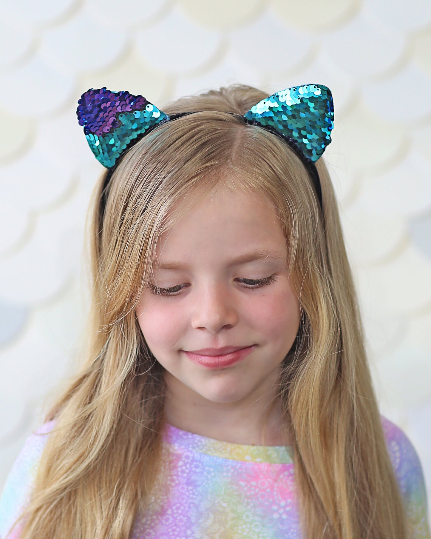 Cat Ear Sequin Headband - Sequin Cat Headband - Aqua and Purple Cat Headband - Turquoise and Purple Reversible Sequins - Sequin Headband