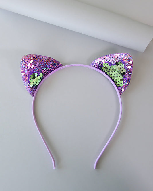 Cat Ear Sequin Headband - Sequin Cat Headband -Mint and Purple Cat Headband - Turquoise and Purple Reversible Sequins - Sequin Headband