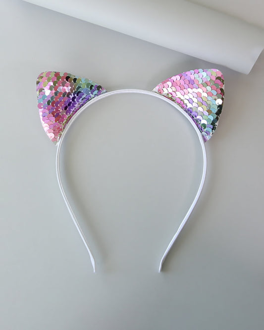 Cat Ear Sequin Headband - Sequin Cat Headband - Pastel Rainbow Cat Headband - Rainbow Reversible Sequins - Sequin Headband -Sequin Cat Ears
