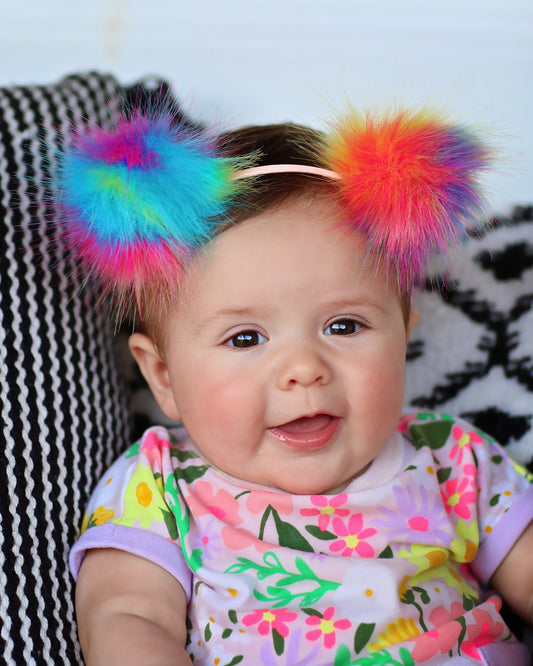 Pom Pom Headband - Rainbow Pom Pom Headband -  Pom Pom Ear Headband