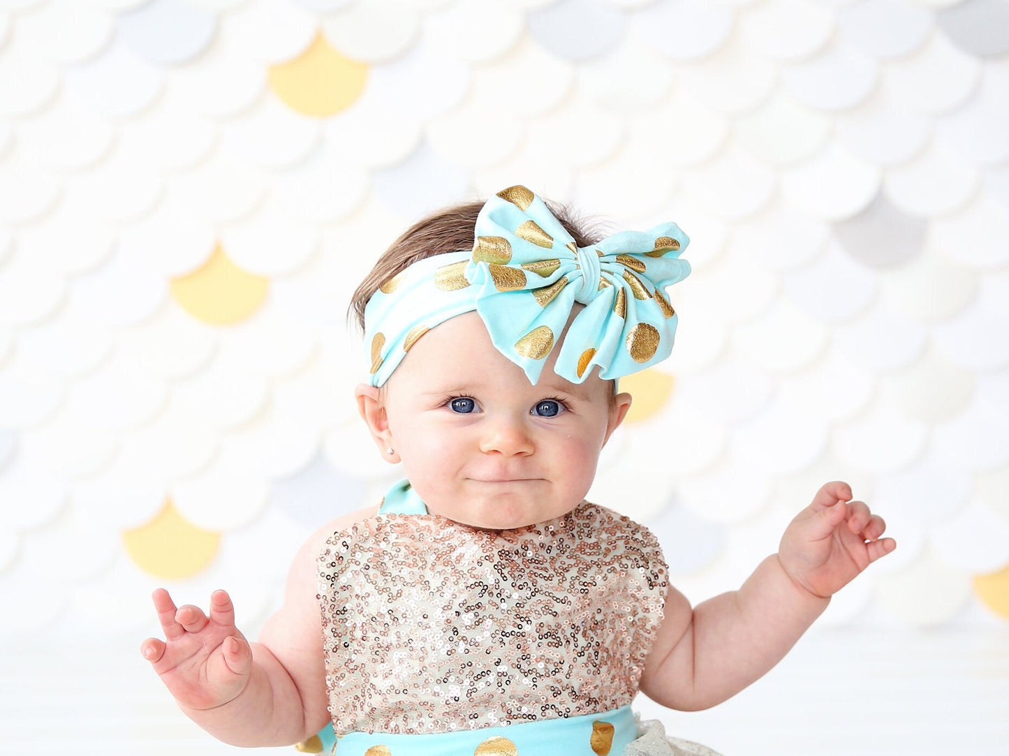 Aqua with Gold Polka Dots Bow Headband - Bow Headband - Aqua Bow Headband