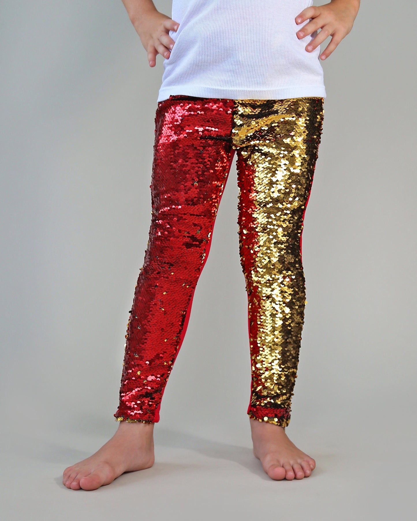 Flip Sequin Leggings in Red and Gold