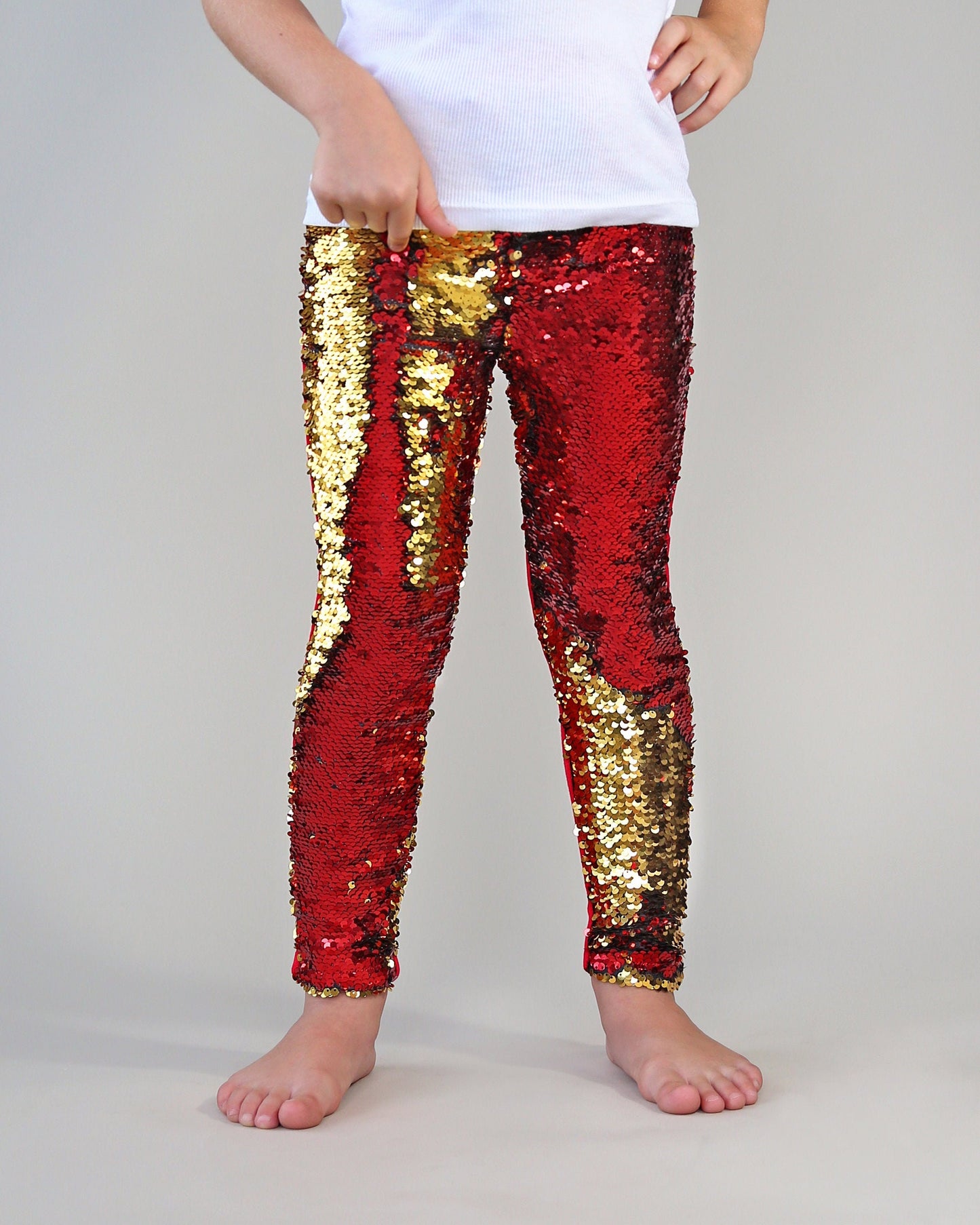 Flip Sequin Leggings in Red and Gold