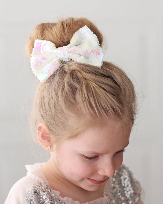 White Rainbow Bow Clip - Sequin Bow Clip - White Flip Sequins - White Reversible Sequins