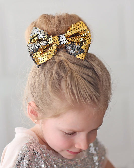 Gold and Silver Bow Clip - Sequin Bow Clip -  Gold and Silver Flip Sequins - Gold and Silver Reversible Sequins