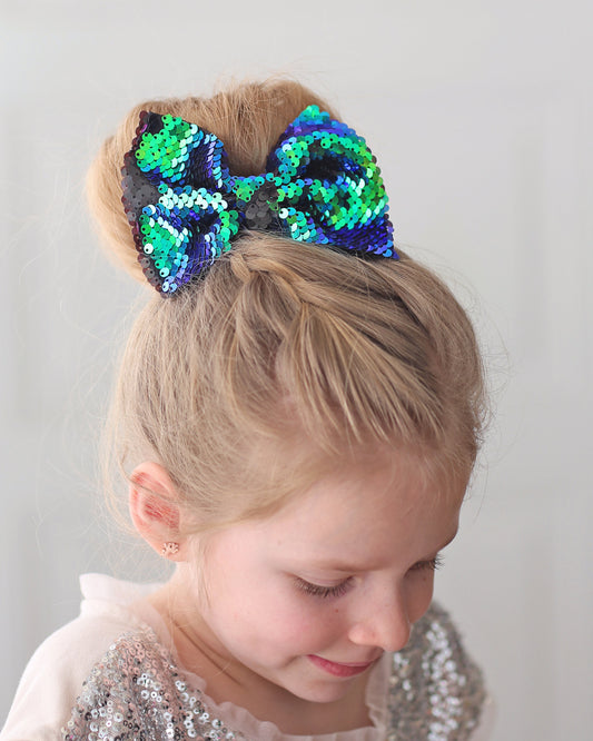 Green Mermaid Bow Clip - Sequin Bow Clip - Green Flip Sequins - Gren Reversible Sequins