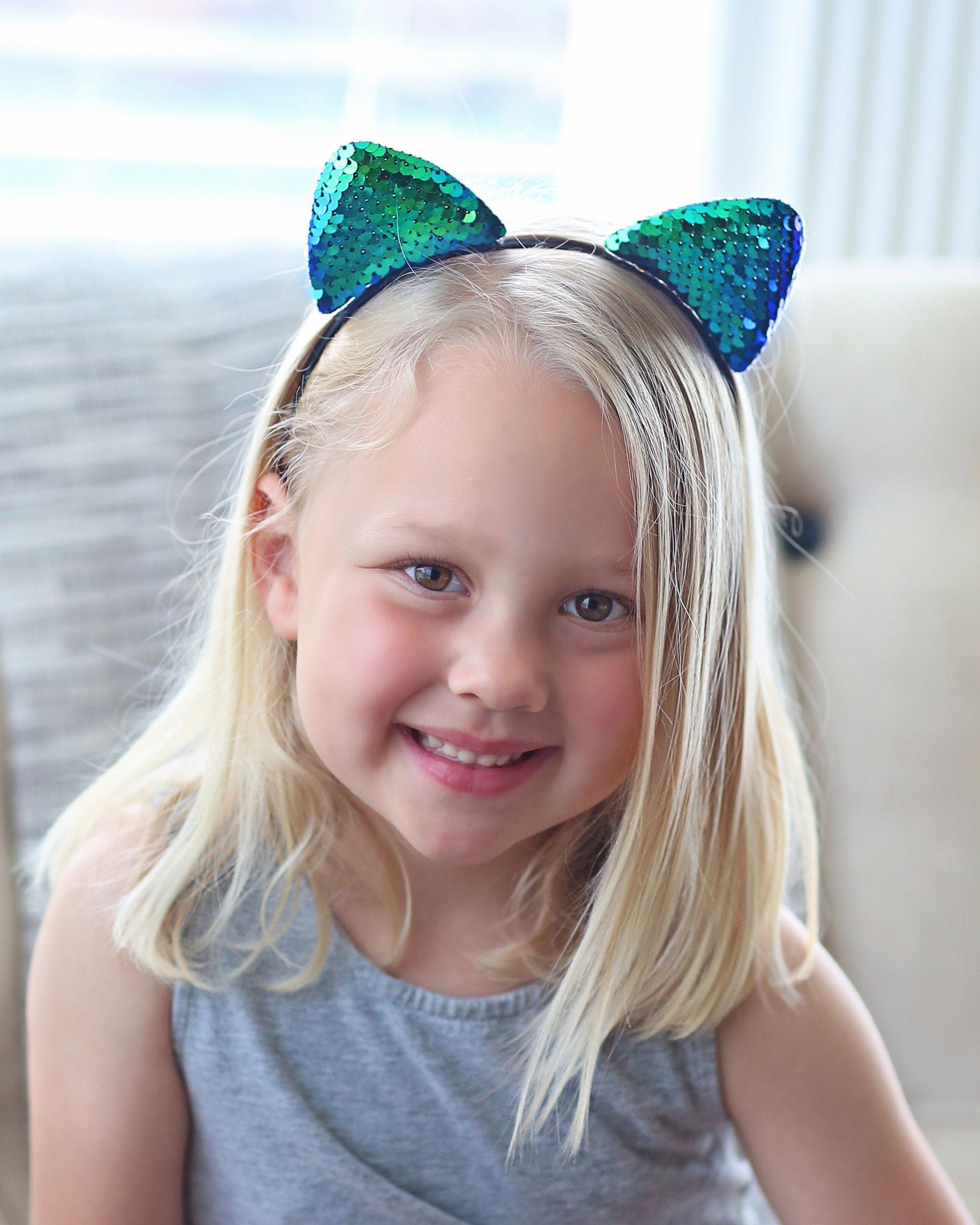 Green Cat Ear Sequin Headband - Sequin Cat Headband - Mermaid Green Cat Headband - Green and Black Reversible Sequins - Sequin Headband