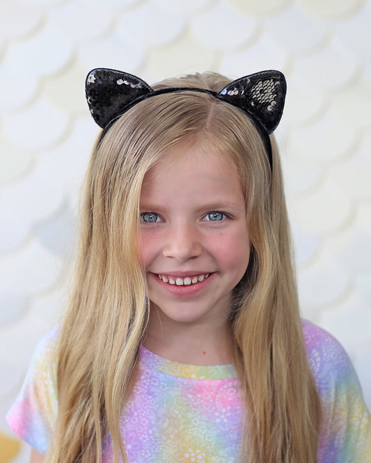 Black Cat Ear Sequin Headband - Sequin Cat Headband - Black Cat Headband - Black and Silver Reversible Sequins - Sequin Headband