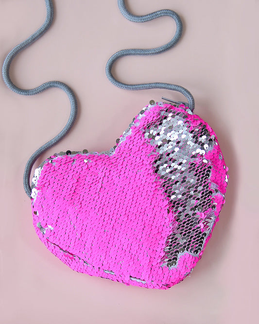 Heart Sequin Purse - Flip Sequin Heart Bag - Girls Heart Purse - Neon Pink and Silver Holographic Flip Heart Bag