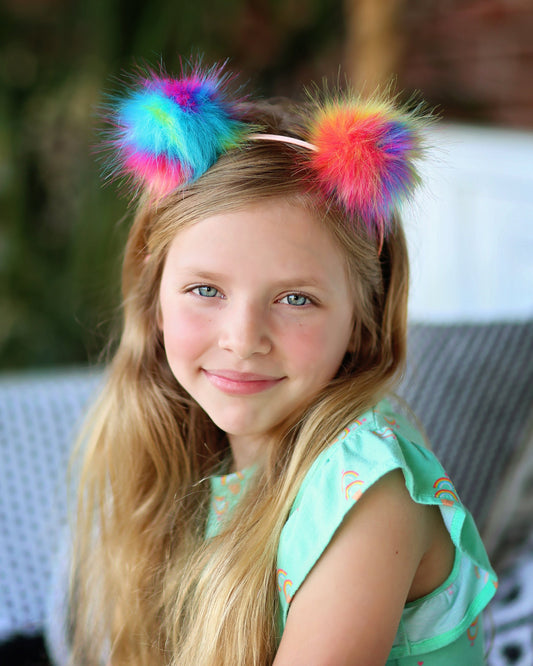 Pom Pom Headband - Rainbow Pom Pom Headband - Pom Pom Ear Headband