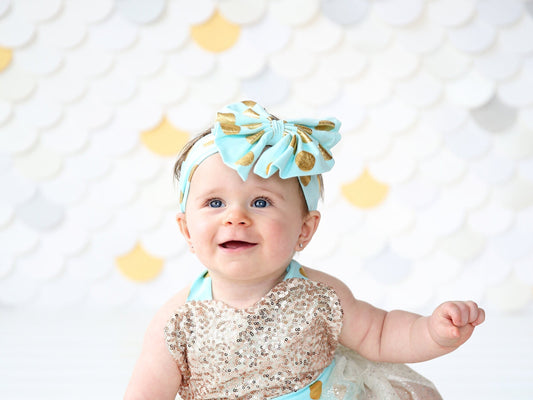 Aqua with Gold Polka Dots Bow Headband - Bow Headband - Aqua Bow Headband