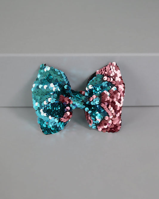 Aqua and Pink Bow Clip - Sequin Bow Clip -  Aqua and Pink Flip Sequins - Aqua and Pink Reversible Sequins