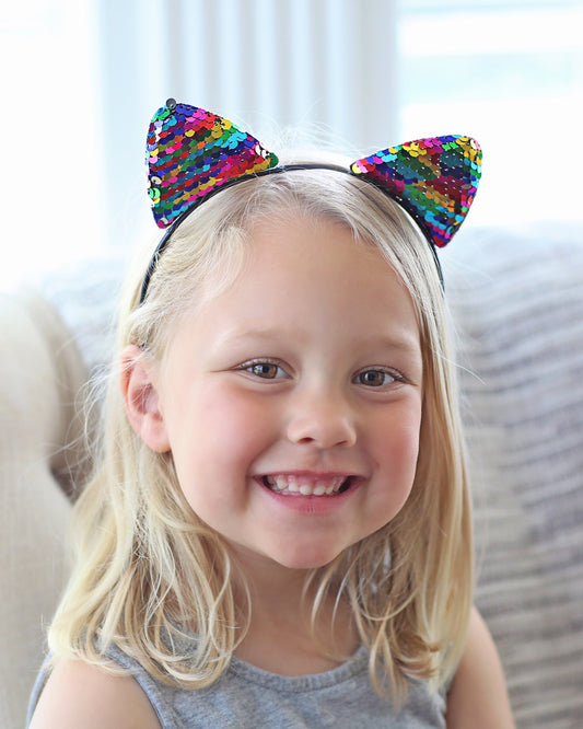 Cat Ear Sequin Headband - Sequin Cat Headband - Rainbow Cat Headband - Rainbow Reversible Sequins - Sequin Headband -Sequin Cat Ears