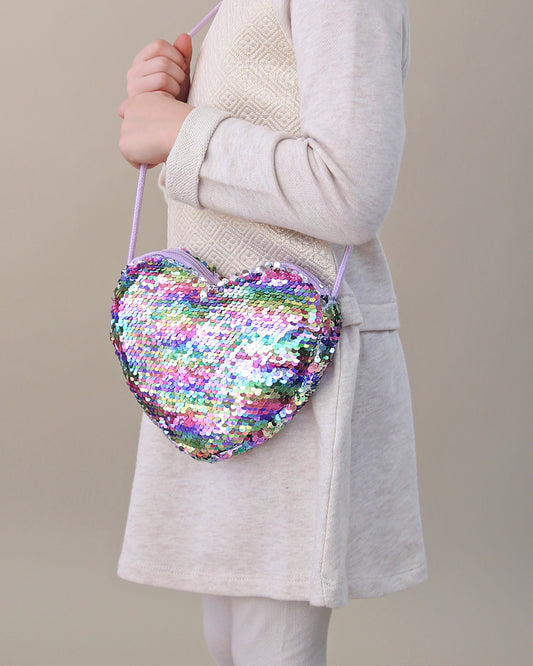 Heart Sequin Purse - Flip Sequin Heart Bag - Girls Heart Purse - Pastel Rainbow and Silver Holographic Flip Heart Bag