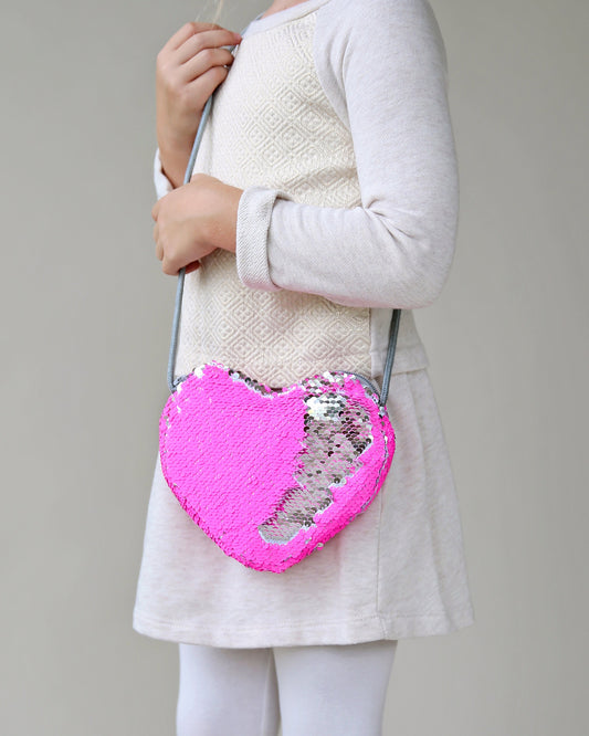 Heart Sequin Purse - Flip Sequin Heart Bag - Girls Heart Purse - Neon Pink and Silver Holographic Flip Heart Bag