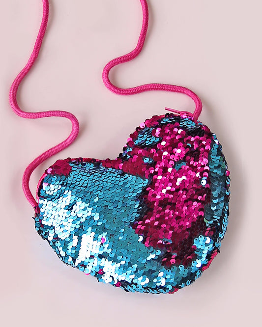 Heart Sequin Purse - Flip Sequin Heart Bag - Girls Heart Purse - Turquoise and Hot Pink Heart Bag