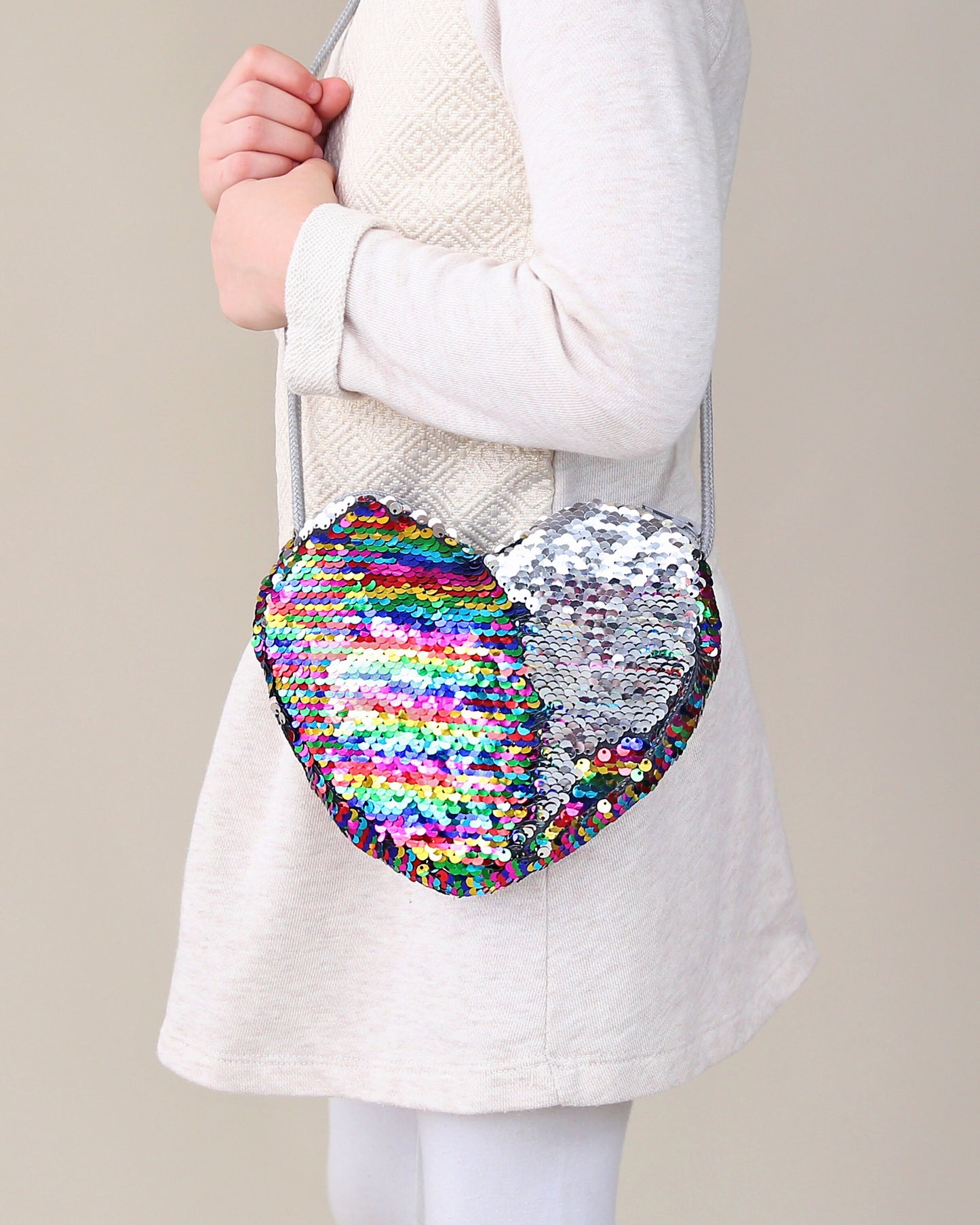 Heart Sequin Purse - Flip Sequin Heart Bag - Girls Heart Purse - Rainbow and Silver Holographic Flip Heart Bag