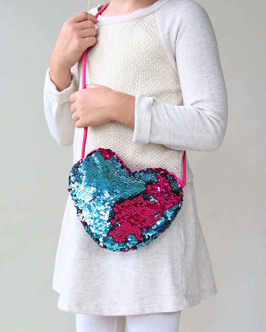 Heart Sequin Purse - Flip Sequin Heart Bag - Girls Heart Purse - Turquoise and Hot Pink Heart Bag