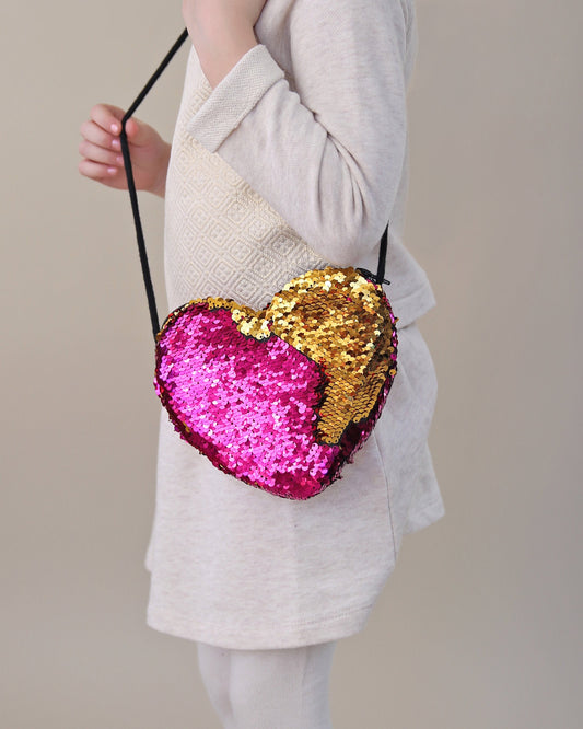 Heart Sequin Purse - Flip Sequin Heart Bag - Girls Heart Purse - Hot Pink and Gold Heart Bag