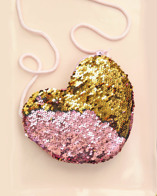 Heart Sequin Purse - Flip Sequin Heart Bag - Girls Heart Purse - Pink and Gold Heart Bag