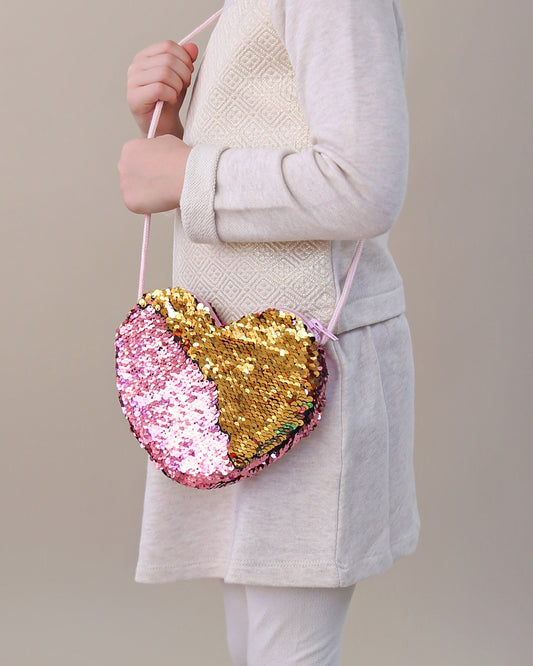 Heart Sequin Purse - Flip Sequin Heart Bag - Girls Heart Purse - Pink and Gold Heart Bag