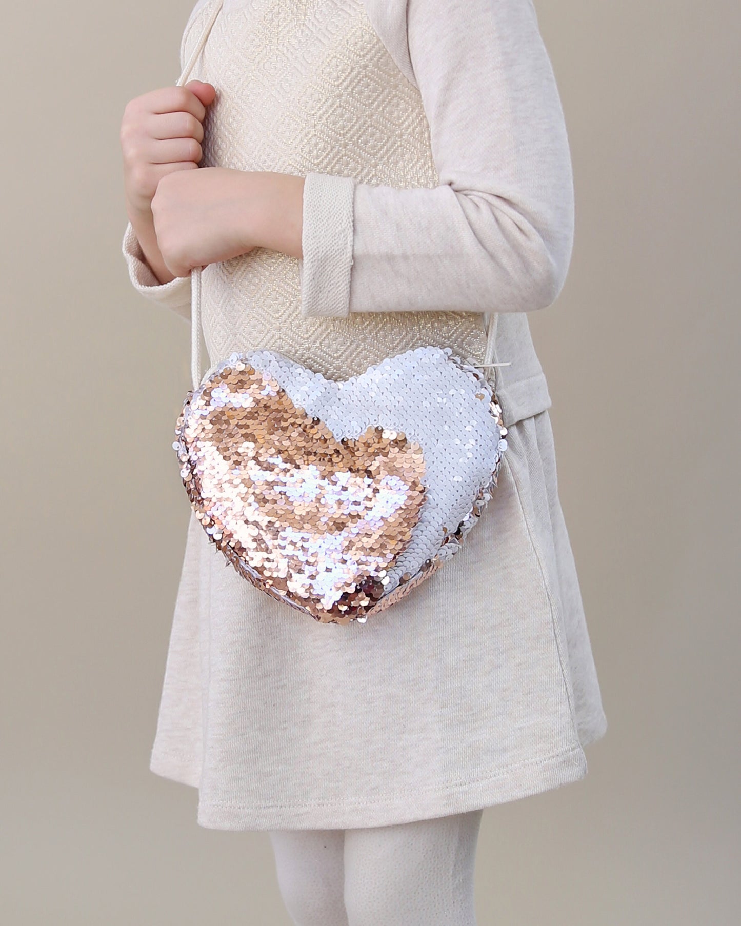 Heart Sequin Purse - Flip Sequin Heart Bag - Girls Heart Purse - White and Rose Gold Heart Bag