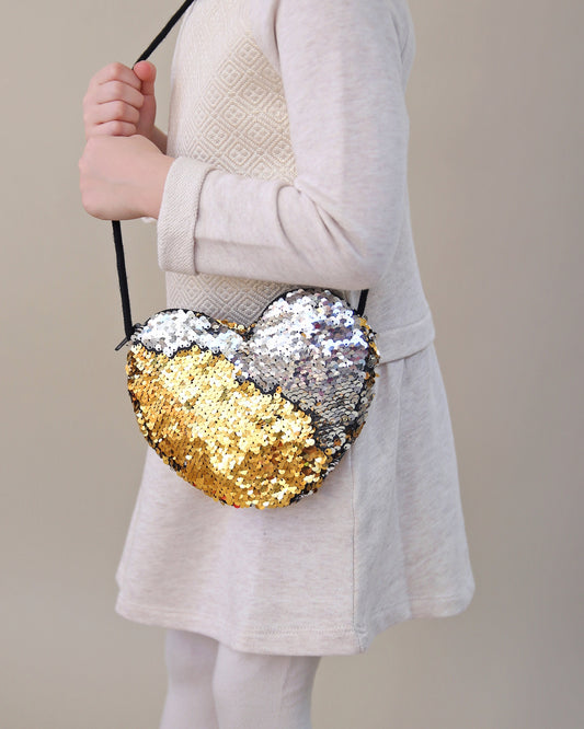 Heart Sequin Purse - Flip Sequin Heart Bag - Girls Heart Purse - SIlver and Gold Heart Bag