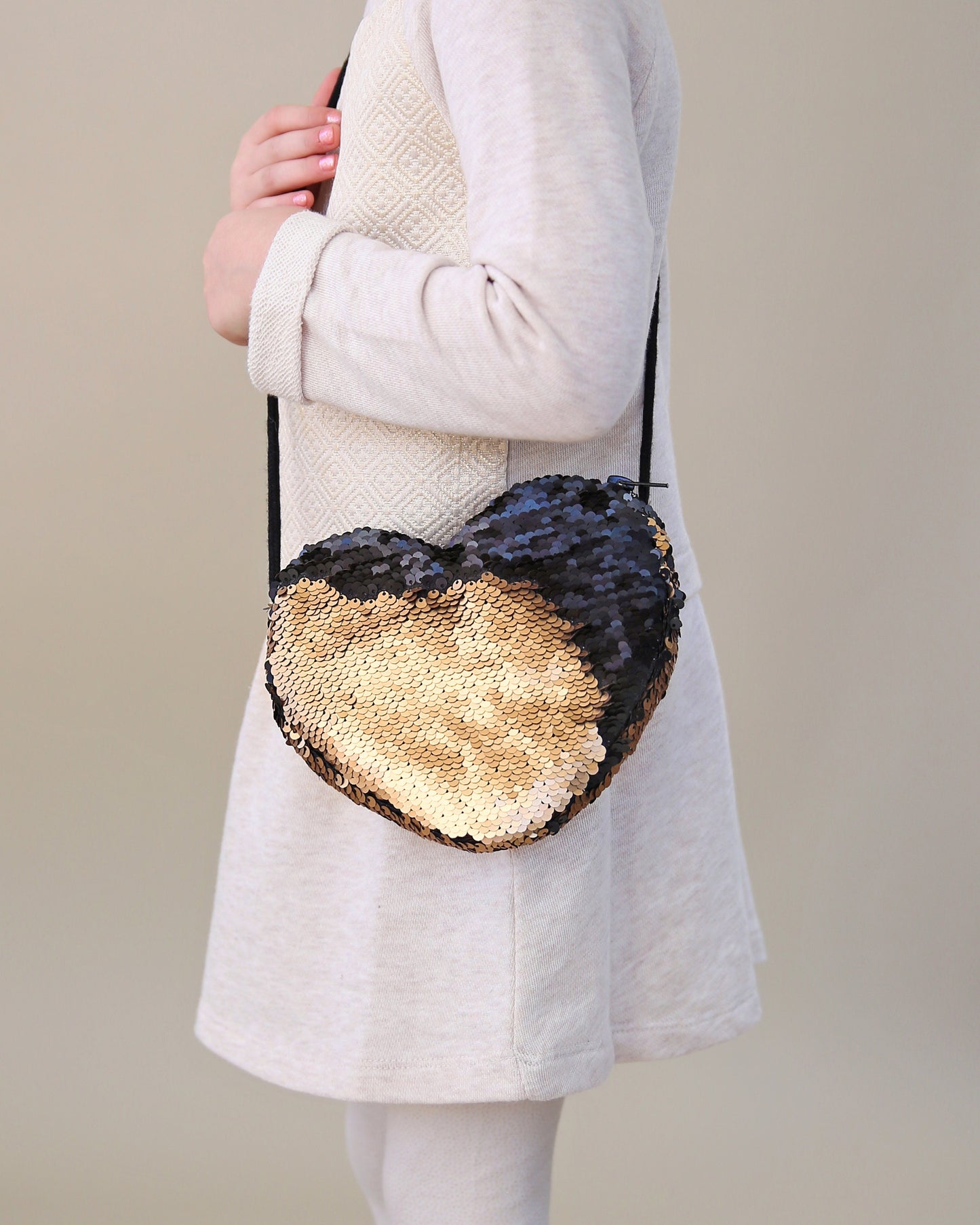 Heart Sequin Purse - Flip Sequin Heart Bag - Girls Heart Purse - Black and Gold Heart Bag