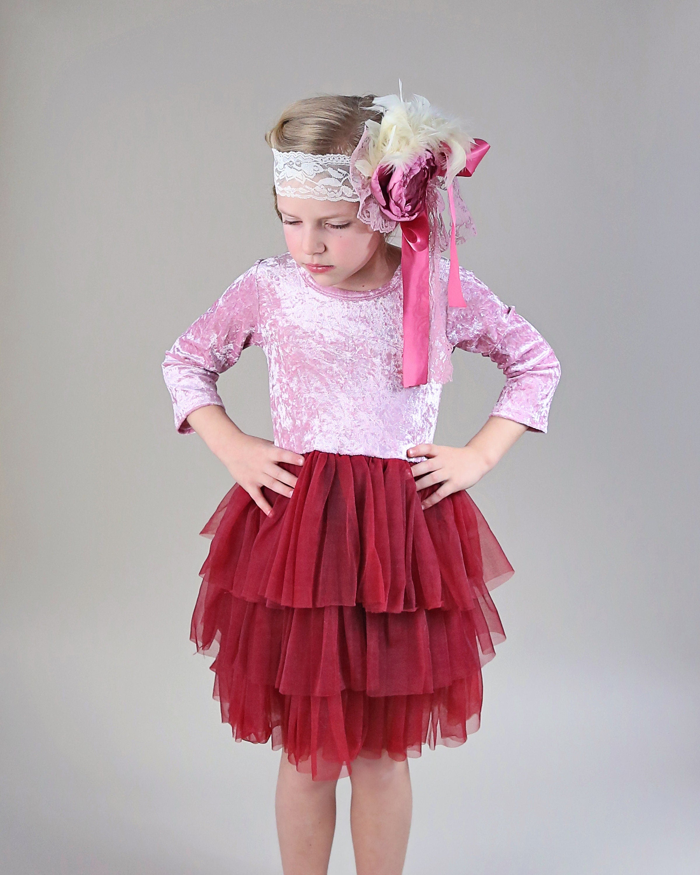 3/4 Sleeve Tutu Dress in Wine and Pink Velvet