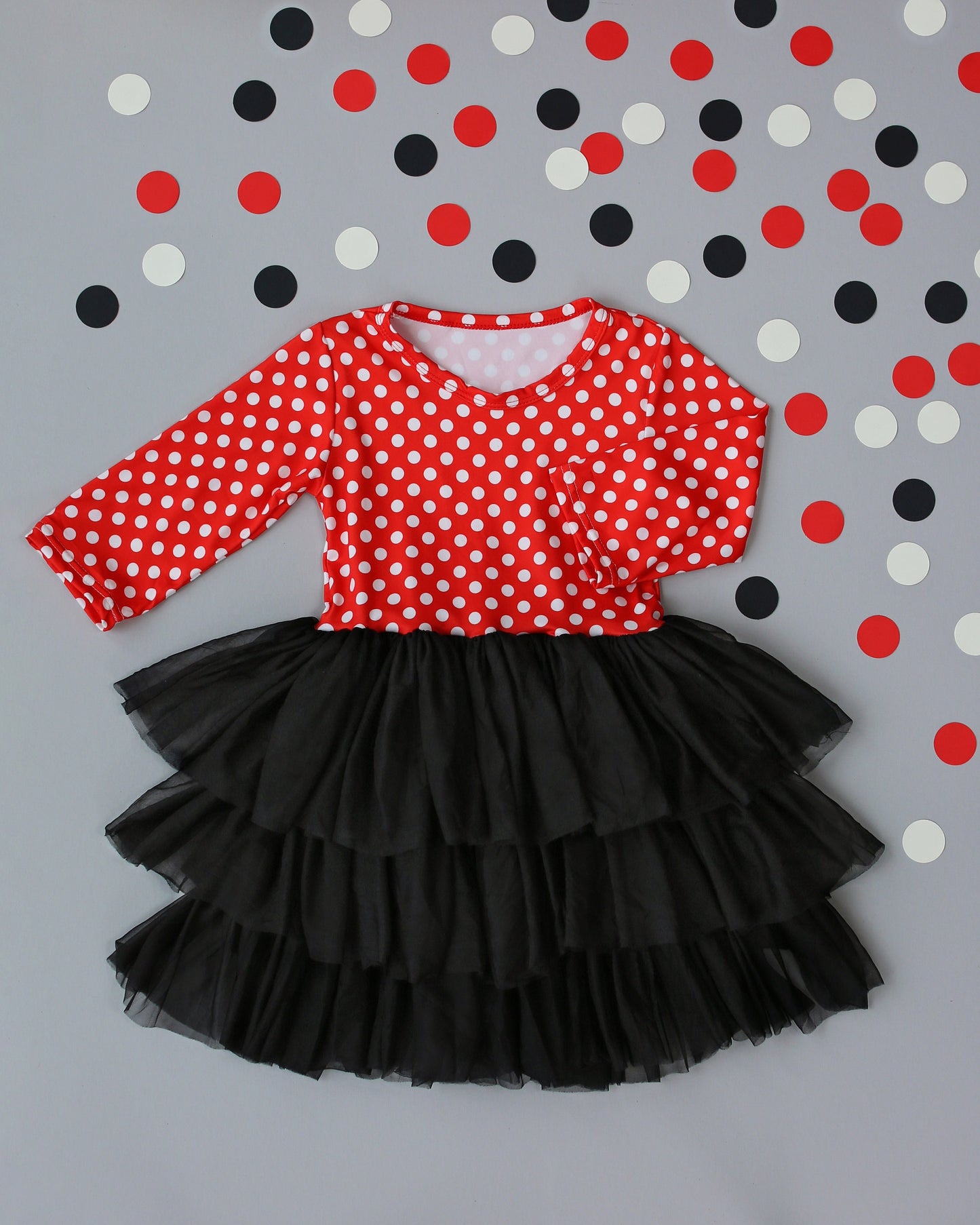 3/4 Sleeve Tutu Dress in Black and Red Polka Dots