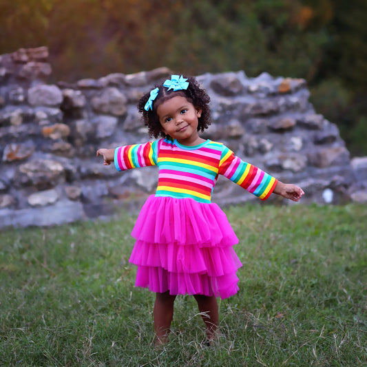 3/4 Sleeve Tutu Dress in Hot Pink Striped Rainbow