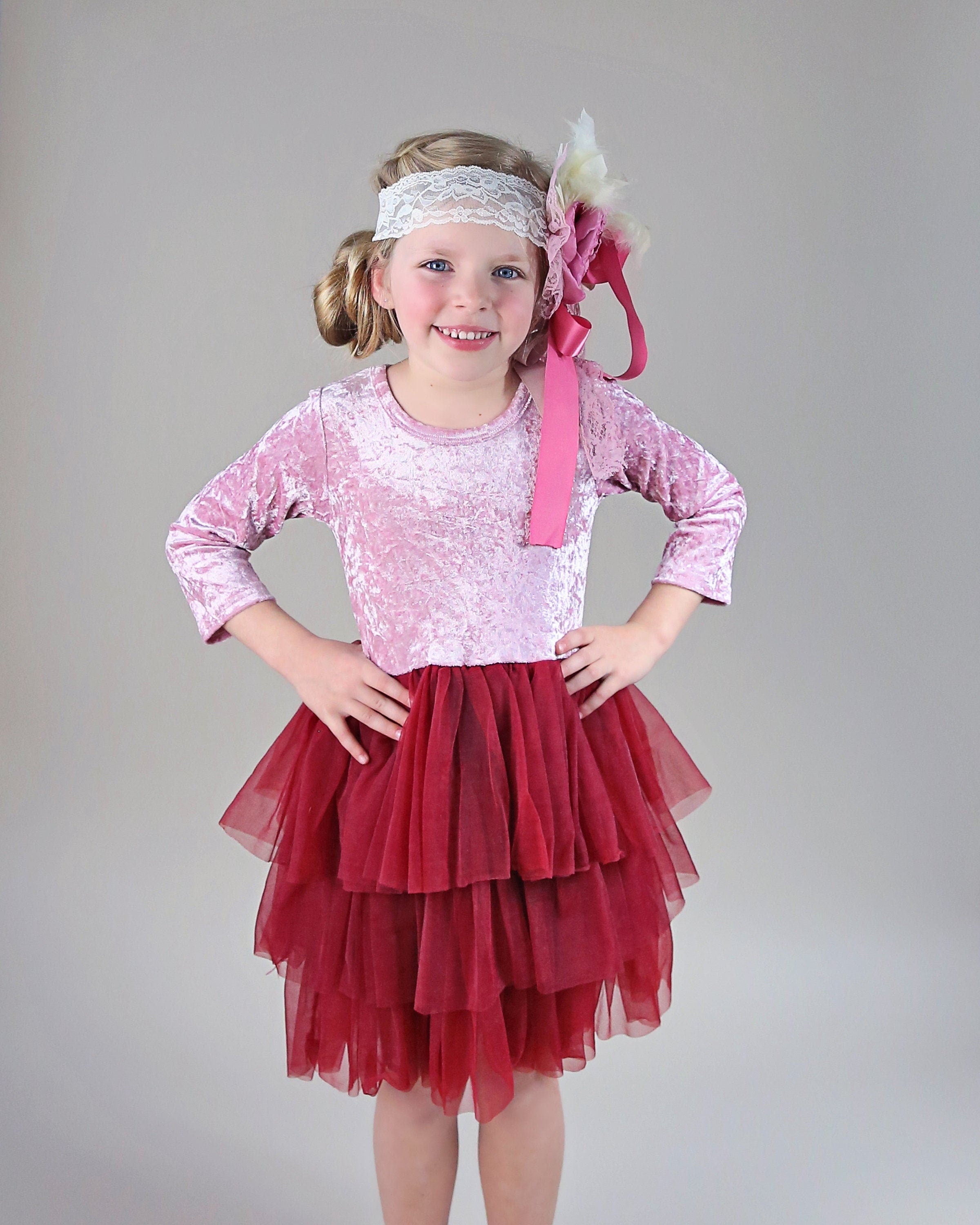 3/4 Sleeve Tutu Dress in Wine and Pink Velvet