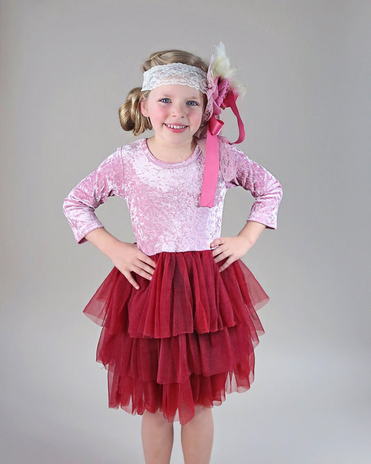 3/4 Sleeve Tutu Dress in Wine and Pink Velvet