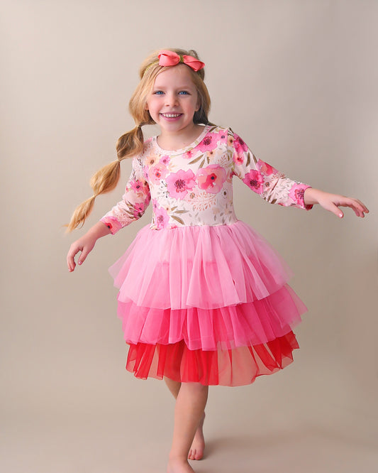 3/4 Sleeve Tutu Dress in Cream, Pink and Red Florals