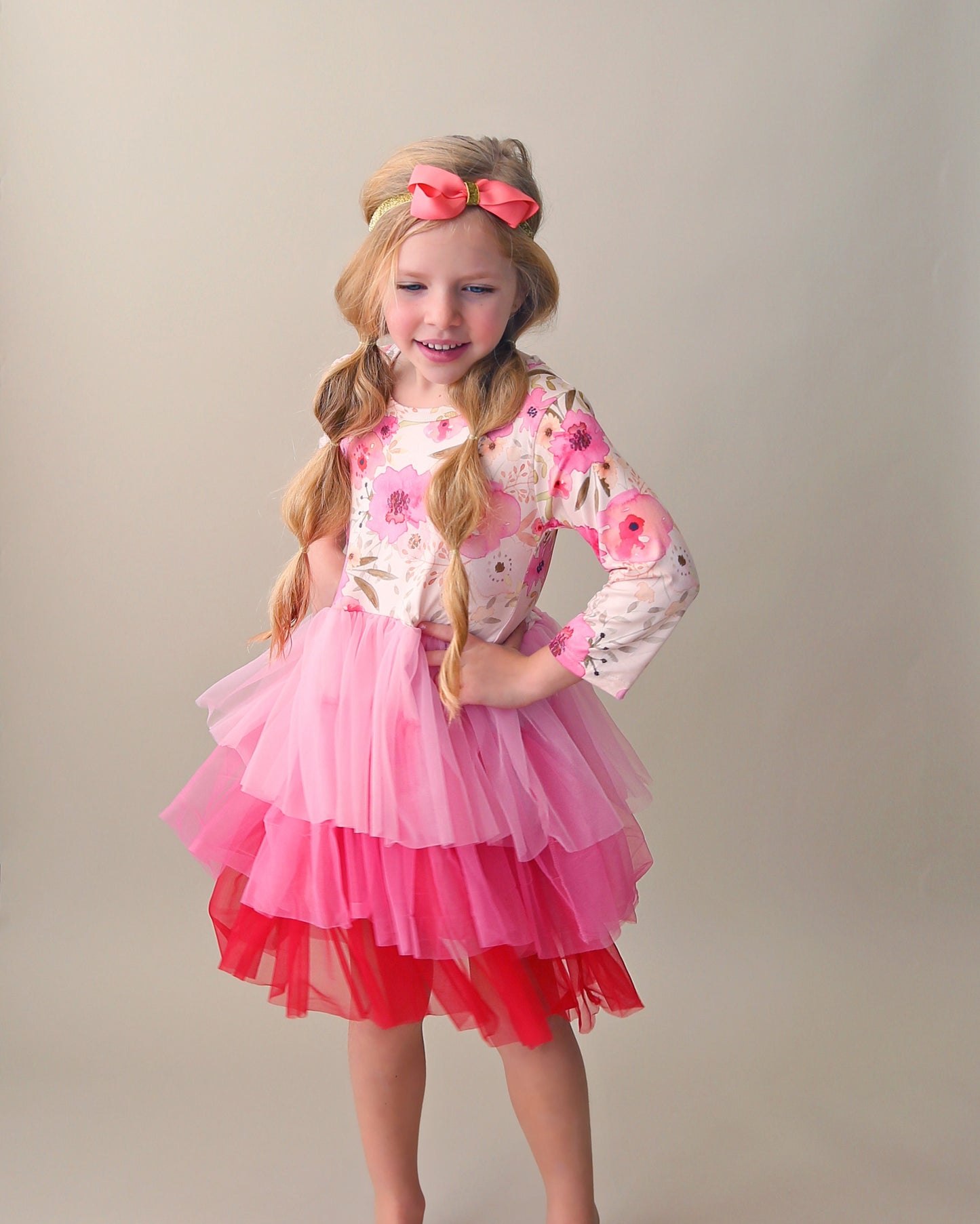 3/4 Sleeve Tutu Dress in Cream, Pink and Red Florals