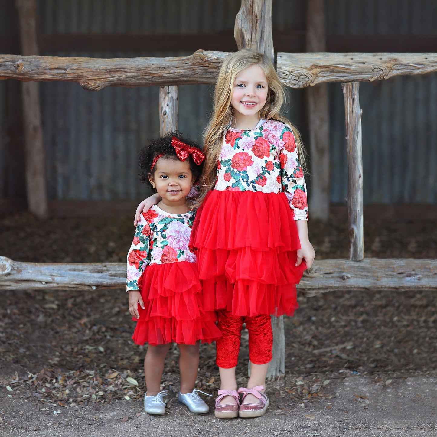 3/4 Sleeve Tutu Dress in Velvet Red Roses