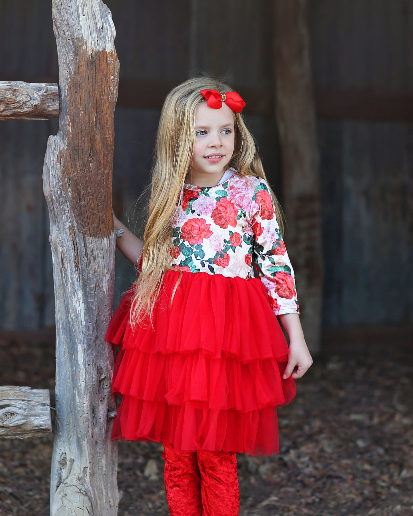 3/4 Sleeve Tutu Dress in Velvet Red Roses