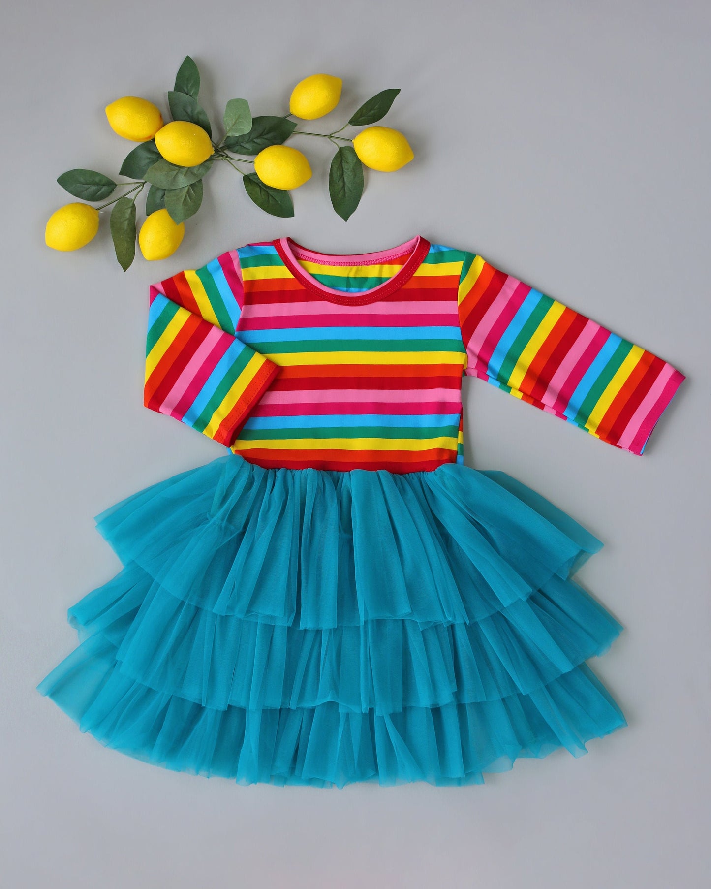 3/4 Sleeve Tutu Dress in Teal Rainbow Stripes