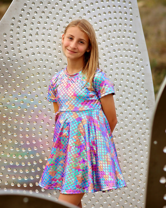 Metallic Pastel Mermaid Dress - Metallic Twirly Dress - Twirly Dress - Birthday Dress - Party Dress - Rainbow Mermaid Dress, birthday gift