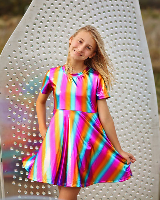 Metallic Rainbow Striped Dress - Metallic Twirly Dress - Twirly Dress - Birthday Dress - Party Dress - Rainbow Dress