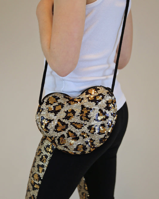 Leopard Heart Sequin Purse - Animal Print Sequin Heart Bag - Girls Heart Purse - Black and Gold Heart Bag