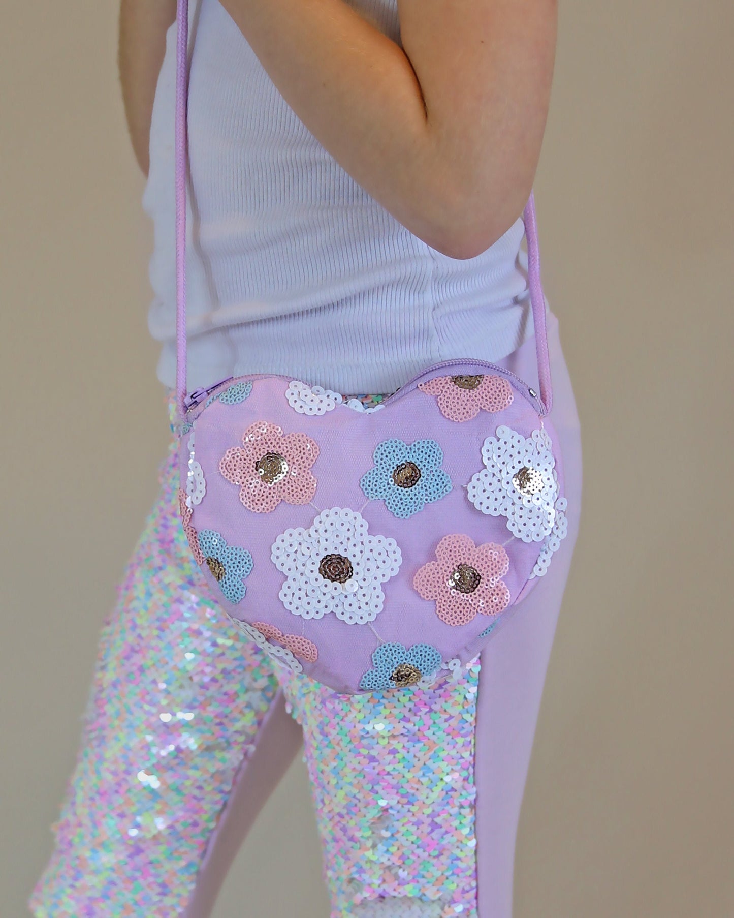 Flower Heart Sequin Purse - Flower Sequin Heart Bag - Girls Heart Purse - Aqua and Pink Floral Heart Bag