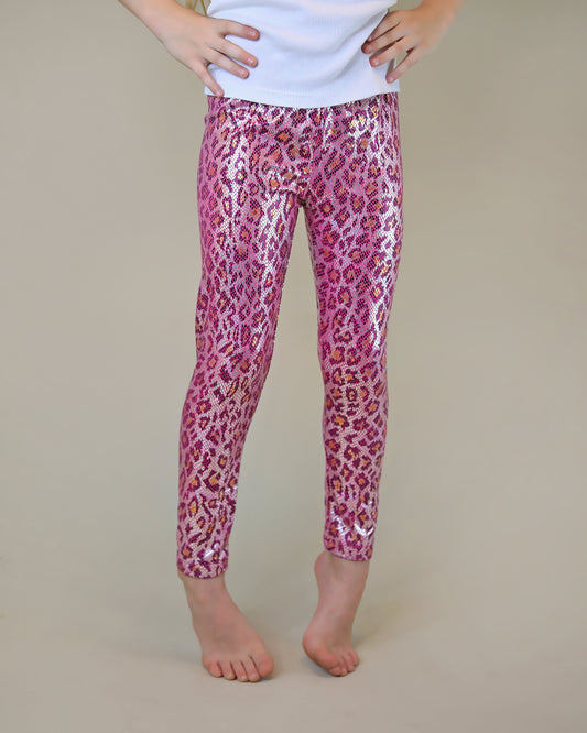 Metallic Leggings in Pink Leopard