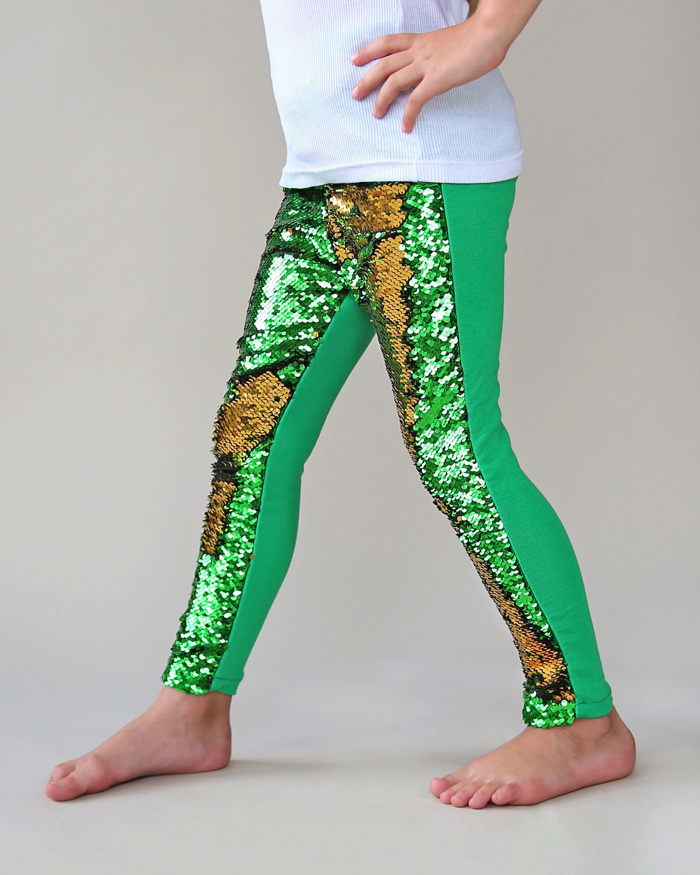 Flip Sequin Leggings in Green and Gold