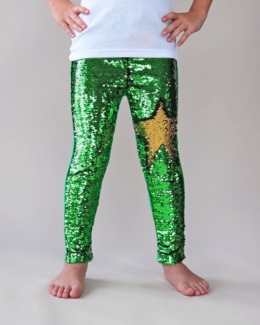 Flip Sequin Leggings in Green and Gold