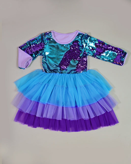 3/4 Sleeve Sequin Tutu Dress in Turquoise and Purple