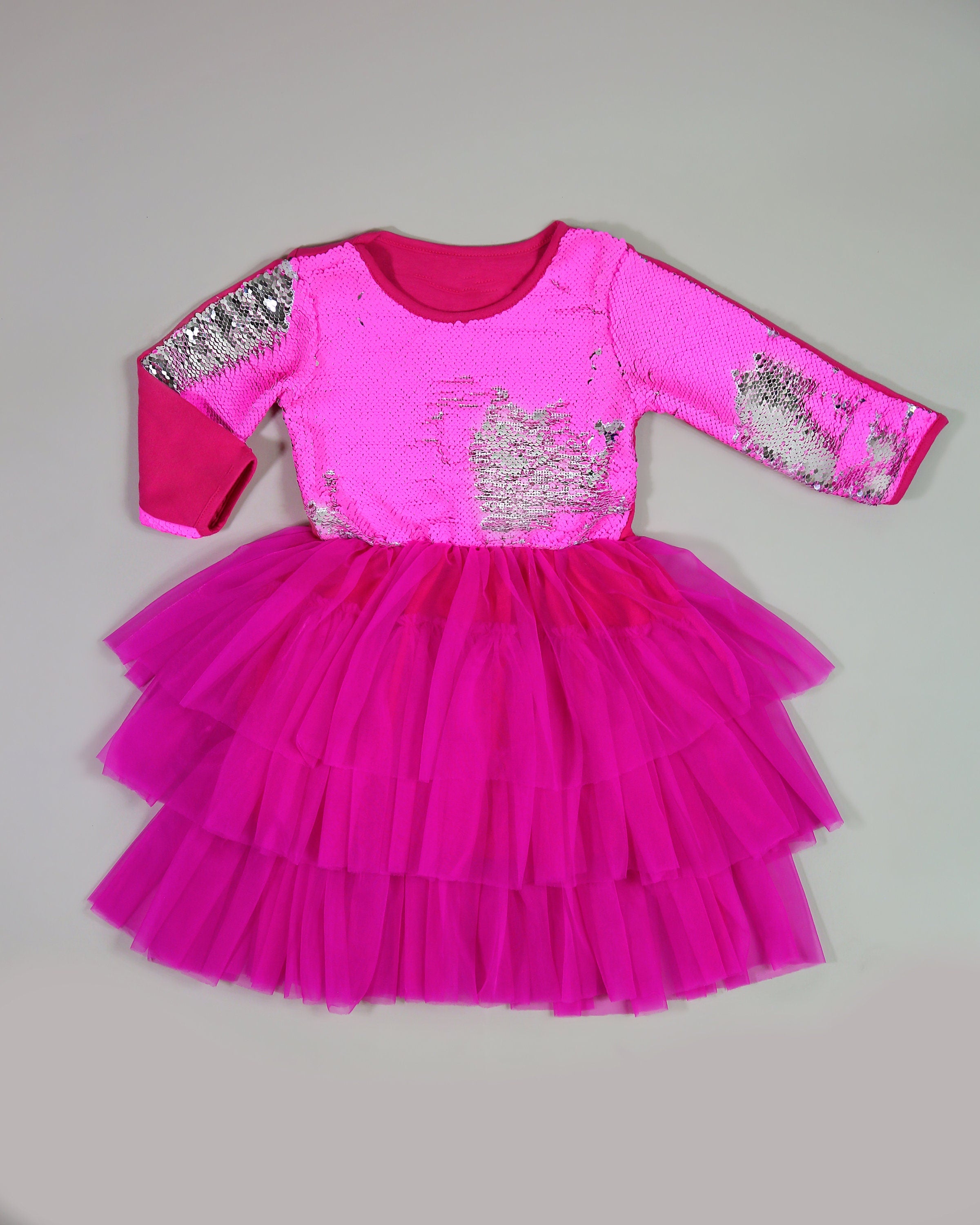 3/4 Sleeve Sequin Tutu Dress in Neon Pink