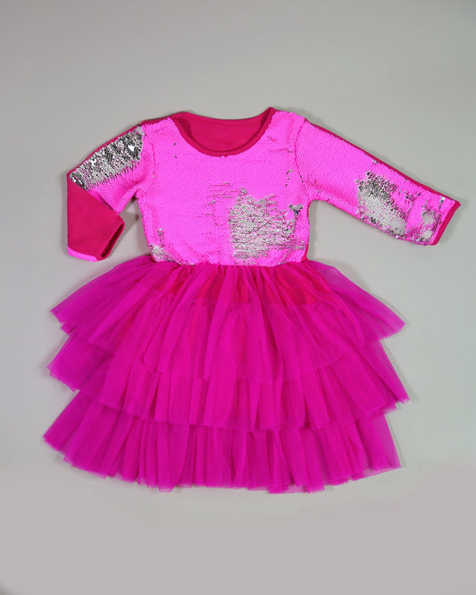 3/4 Sleeve Sequin Tutu Dress in Neon Pink
